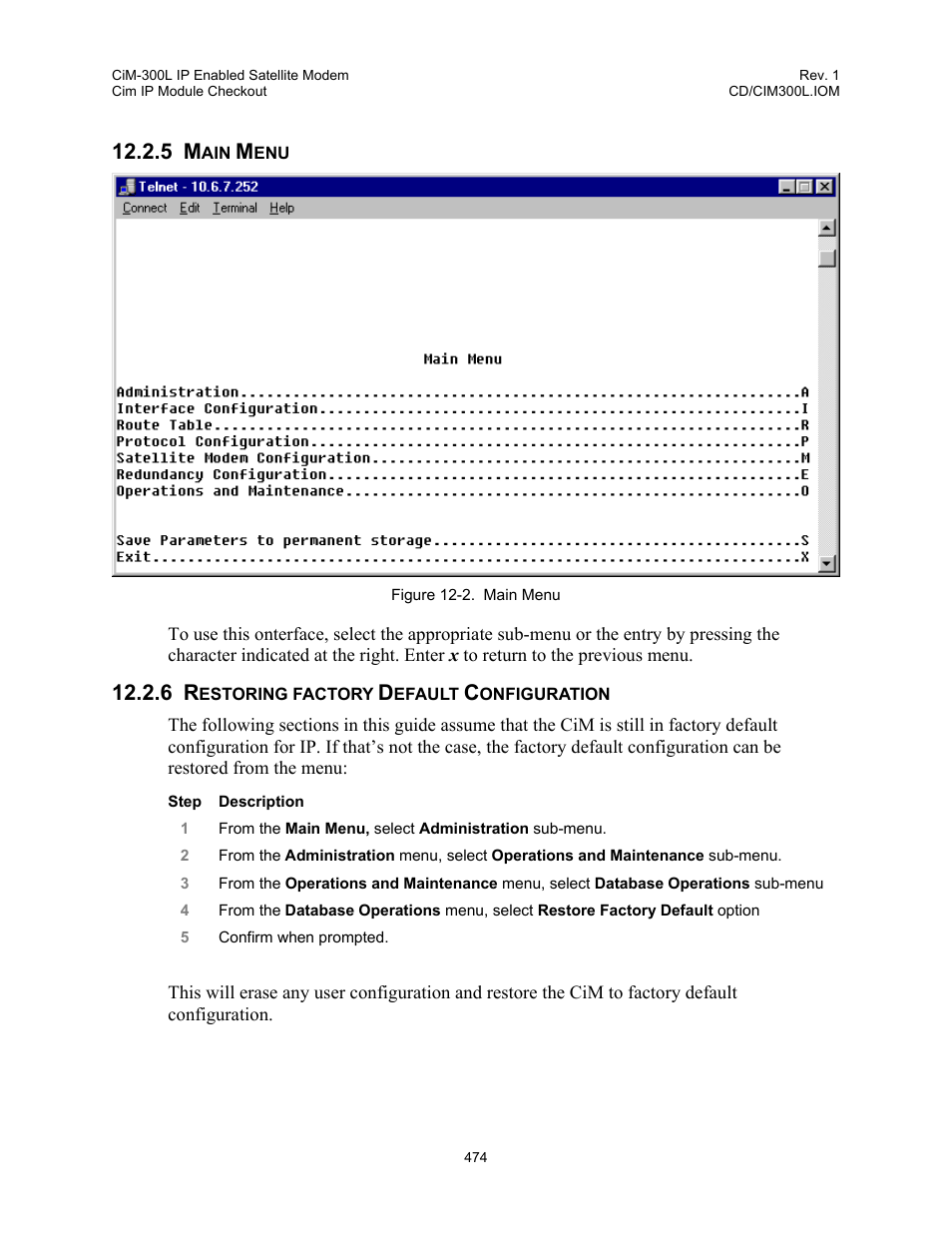 Main menu, Restoring factory default configuration, 5 main | Menu | Comtech EF Data CIM-300L User Manual | Page 500 / 512