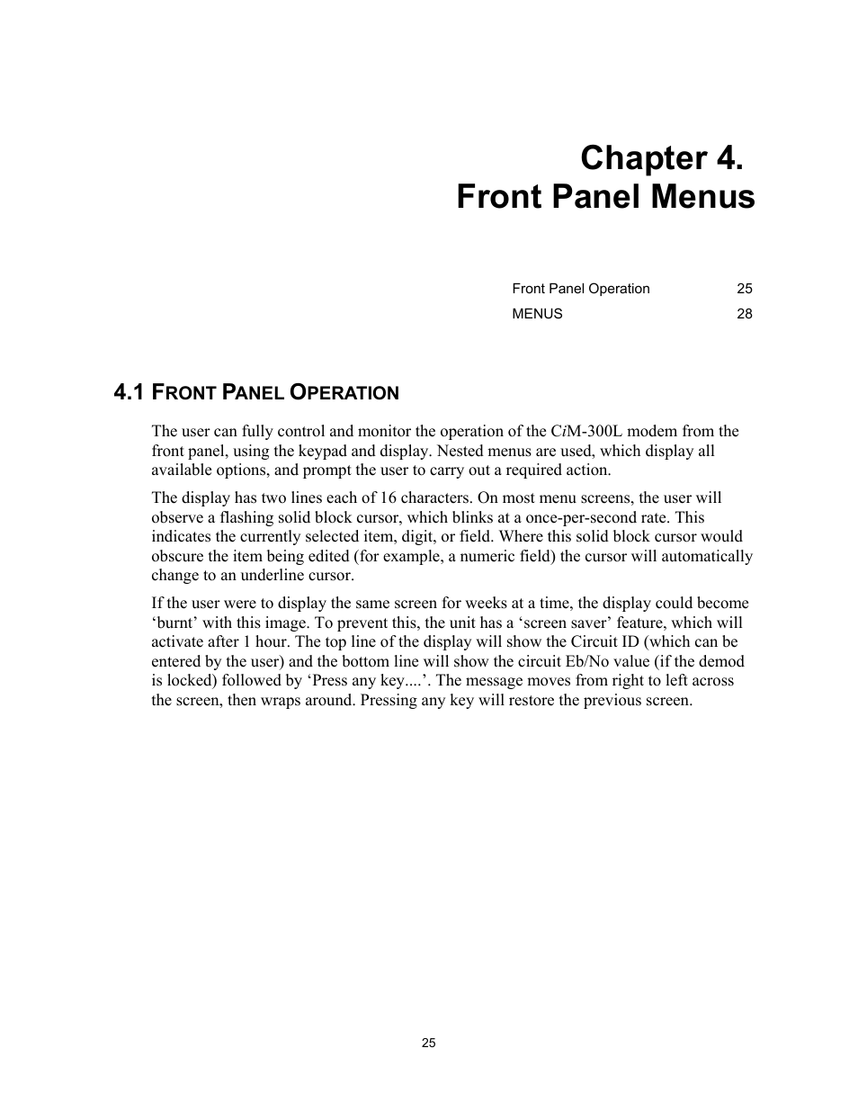 4 front panel menus, Front panel operation, Chapter 4. front panel menus | 1 front panel operation | Comtech EF Data CIM-300L User Manual | Page 51 / 512