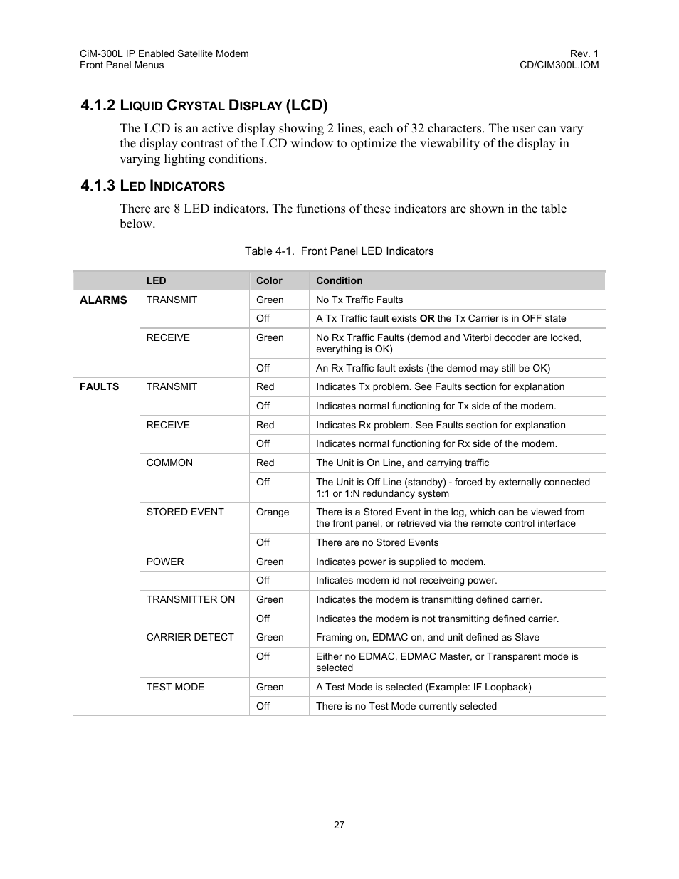 Liquid crystal display (lcd), Led indicators, Table 4-1. front panel led indicators | Lcd) | Comtech EF Data CIM-300L User Manual | Page 53 / 512