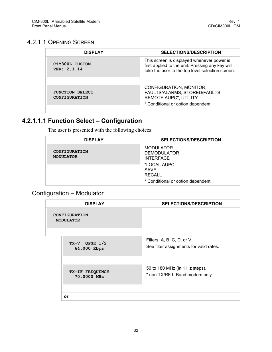 1 function select – configuration, Configuration – modulator | Comtech EF Data CIM-300L User Manual | Page 58 / 512