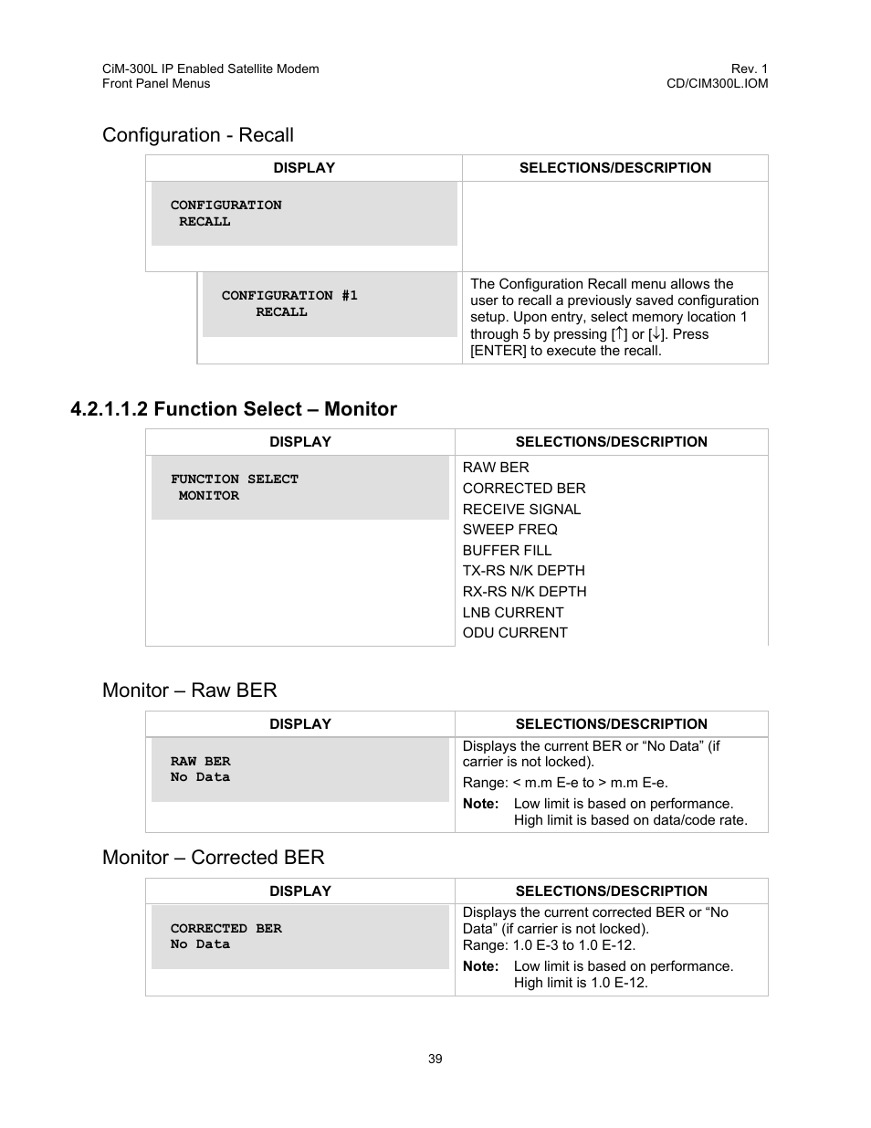 Configuration - recall, 2 function select – monitor, Monitor – raw ber | Monitor – corrected ber | Comtech EF Data CIM-300L User Manual | Page 65 / 512