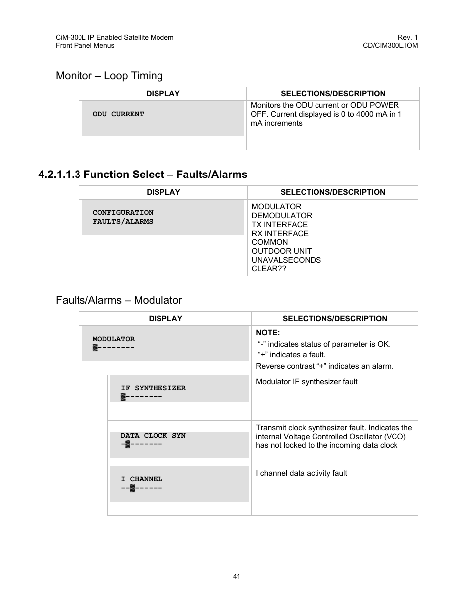 Monitor – loop timing, 3 function select – faults/alarms, Faults/alarms – modulator | Comtech EF Data CIM-300L User Manual | Page 67 / 512