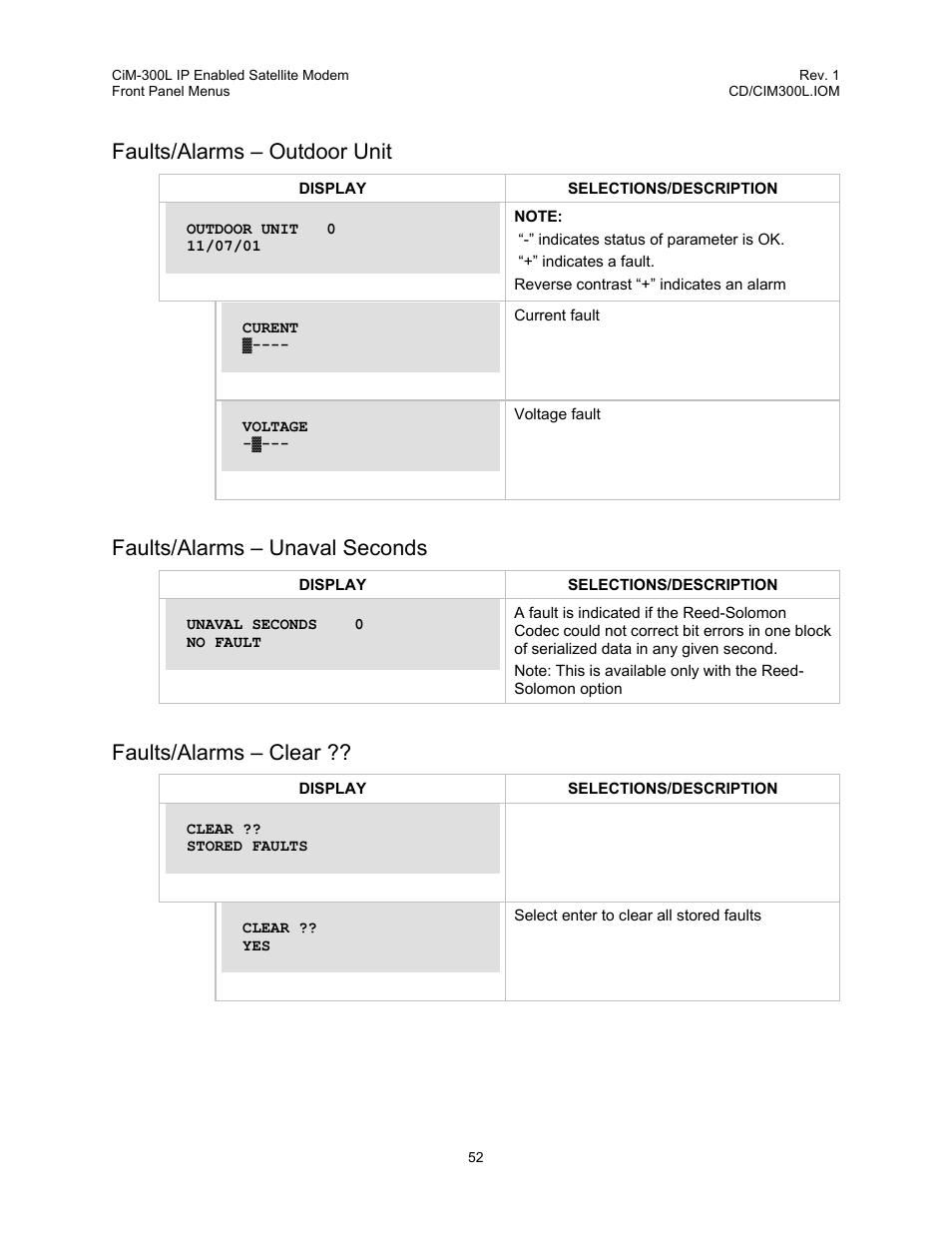 Faults/alarms – outdoor unit, Faults/alarms – unaval seconds, Faults/alarms – clear | Comtech EF Data CIM-300L User Manual | Page 78 / 512