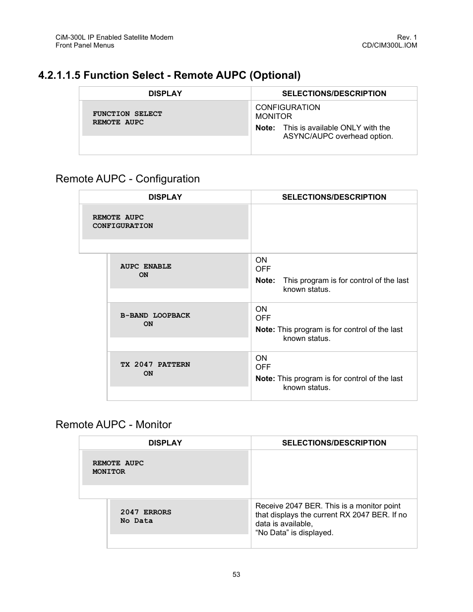 5 function select - remote aupc (optional), Remote aupc - configuration, Remote aupc - monitor | Comtech EF Data CIM-300L User Manual | Page 79 / 512
