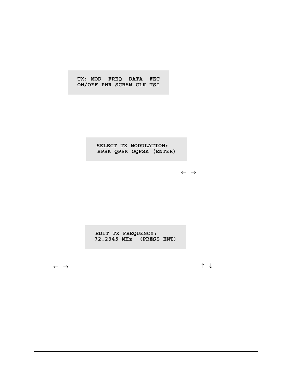 1 (config:) tx (transmit), 1 (config: tx) mod (modulation), Config: tx) freq (frequency) | Comtech EF Data CDM-550T User Manual | Page 42 / 164