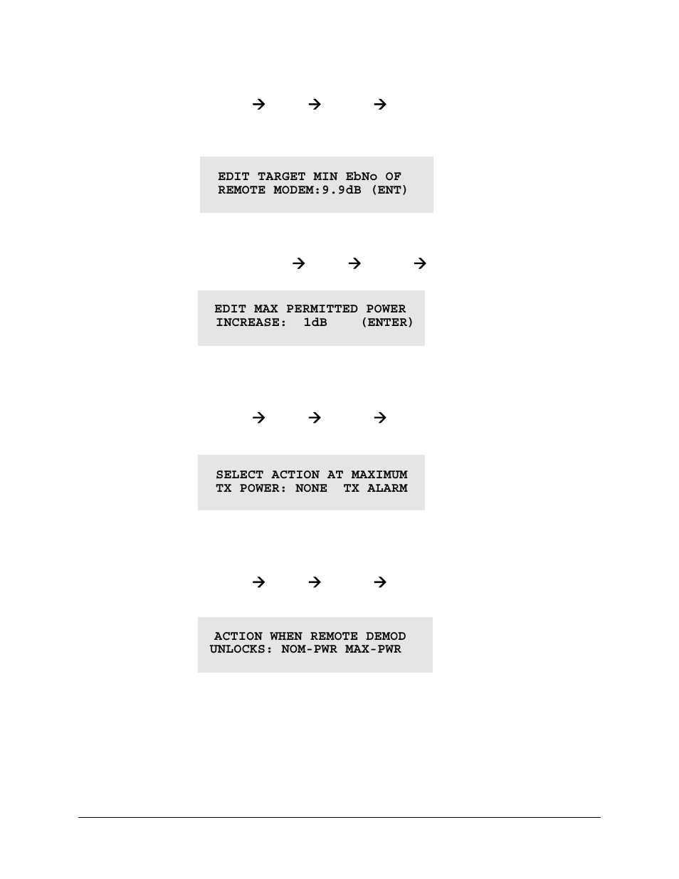 Config: tx ( pwr ( mode ( aupc) max range, Config: tx ( pwr ( mode ( aupc) alarm, Config: tx ( pwr ( mode ( aupc) demod-unlock | Comtech EF Data CDM-550T User Manual | Page 47 / 164