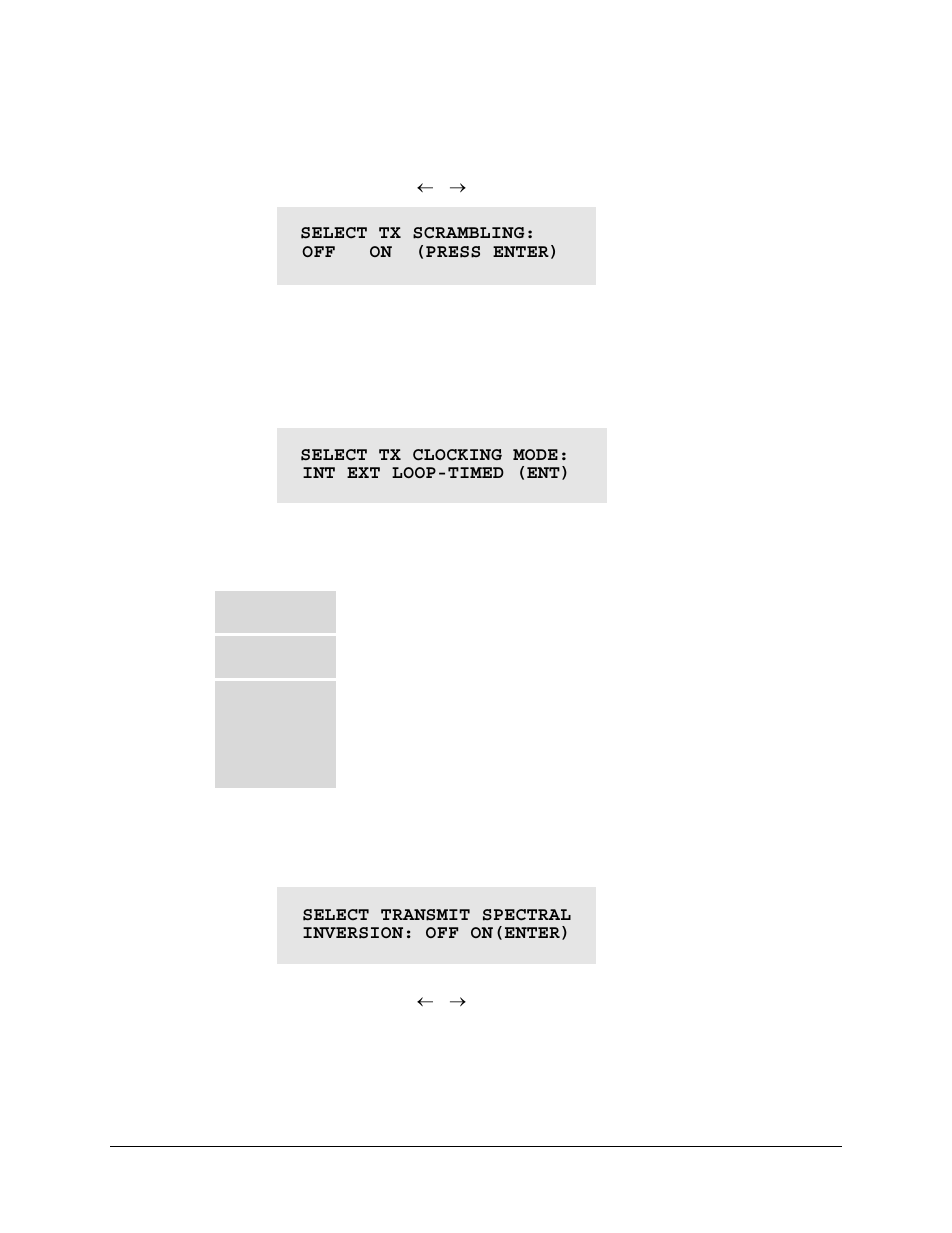 6 (config: tx) scram (scrambling), Config: tx) clk (clocking), Config: tx) tsi (transmit spectral invert) | Comtech EF Data CDM-550T User Manual | Page 48 / 164