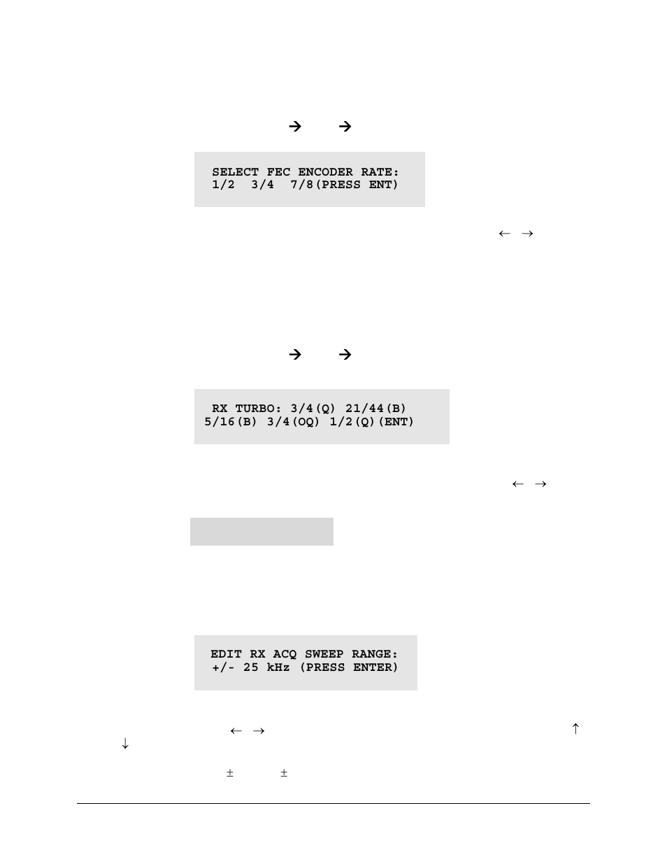 Config: rx ( fec ( rate) fec rate, Config: rx ( fec ( rate) fec rate (turbo only), Config: rx) acq (acquisition sweep range) | Comtech EF Data CDM-550T User Manual | Page 51 / 164