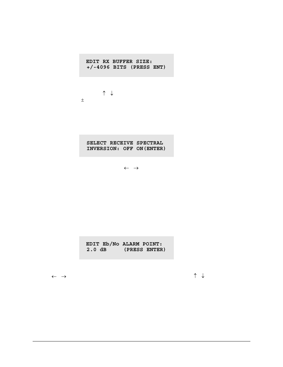 Config: rx) buf (buffer size), Config: rx) rsi (receive spectral inversion), 8 (config: rx) eb/no (eb/no alarm) | Comtech EF Data CDM-550T User Manual | Page 53 / 164