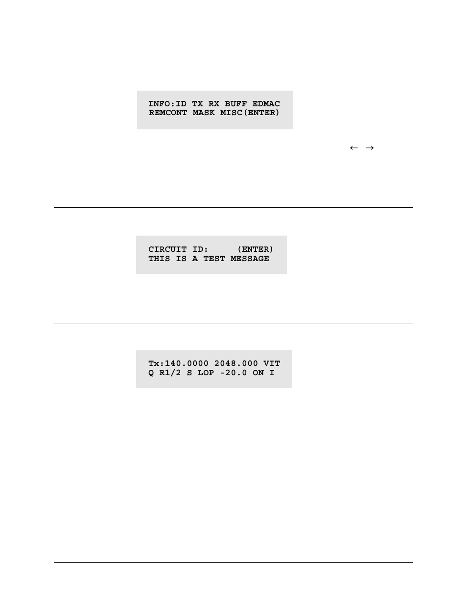 Select: info (information), Info) id (circuit id), Info) tx (transmit information) | Comtech EF Data CDM-550T User Manual | Page 63 / 164