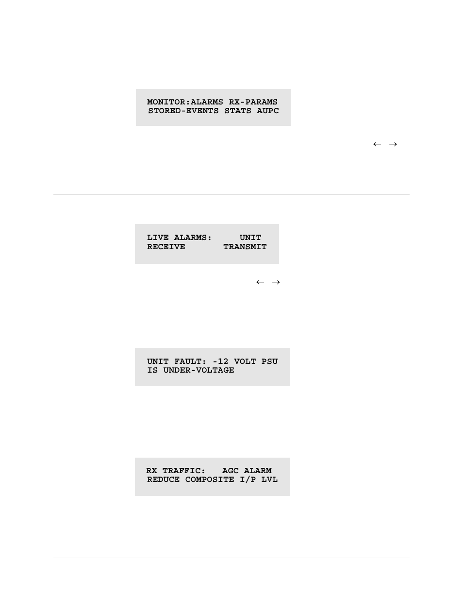 6 select: monit (monitor), Monit:) alarms, Monit: alarms) unit (unit alarms) | Monit: alarms) receive (receive alarms) | Comtech EF Data CDM-550T User Manual | Page 66 / 164