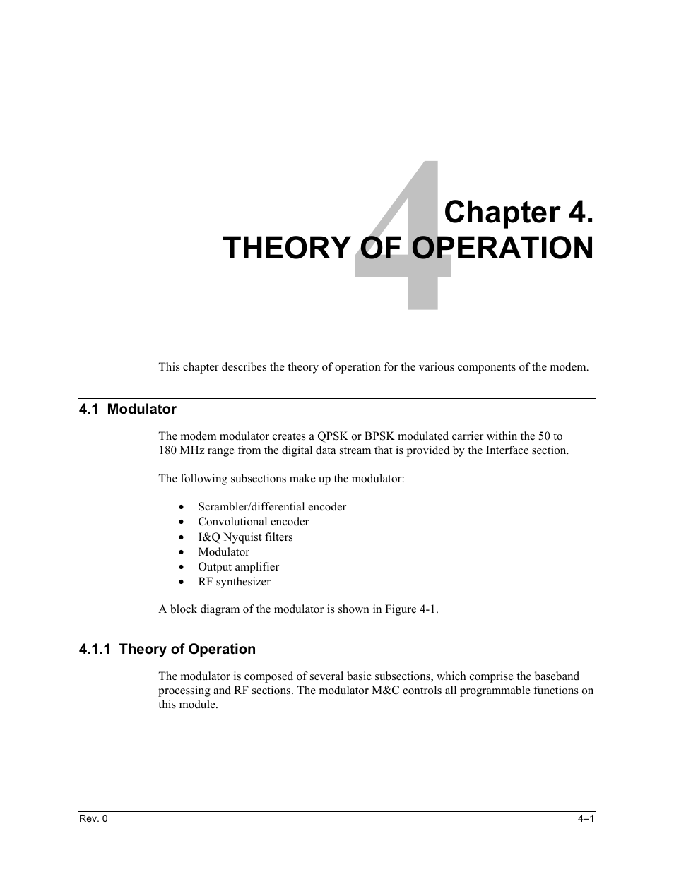 Theory of operation, 1 modulator, 1 theory of operation | Chapter 4. theory of operation | Comtech EF Data SDM-100A User Manual | Page 117 / 212