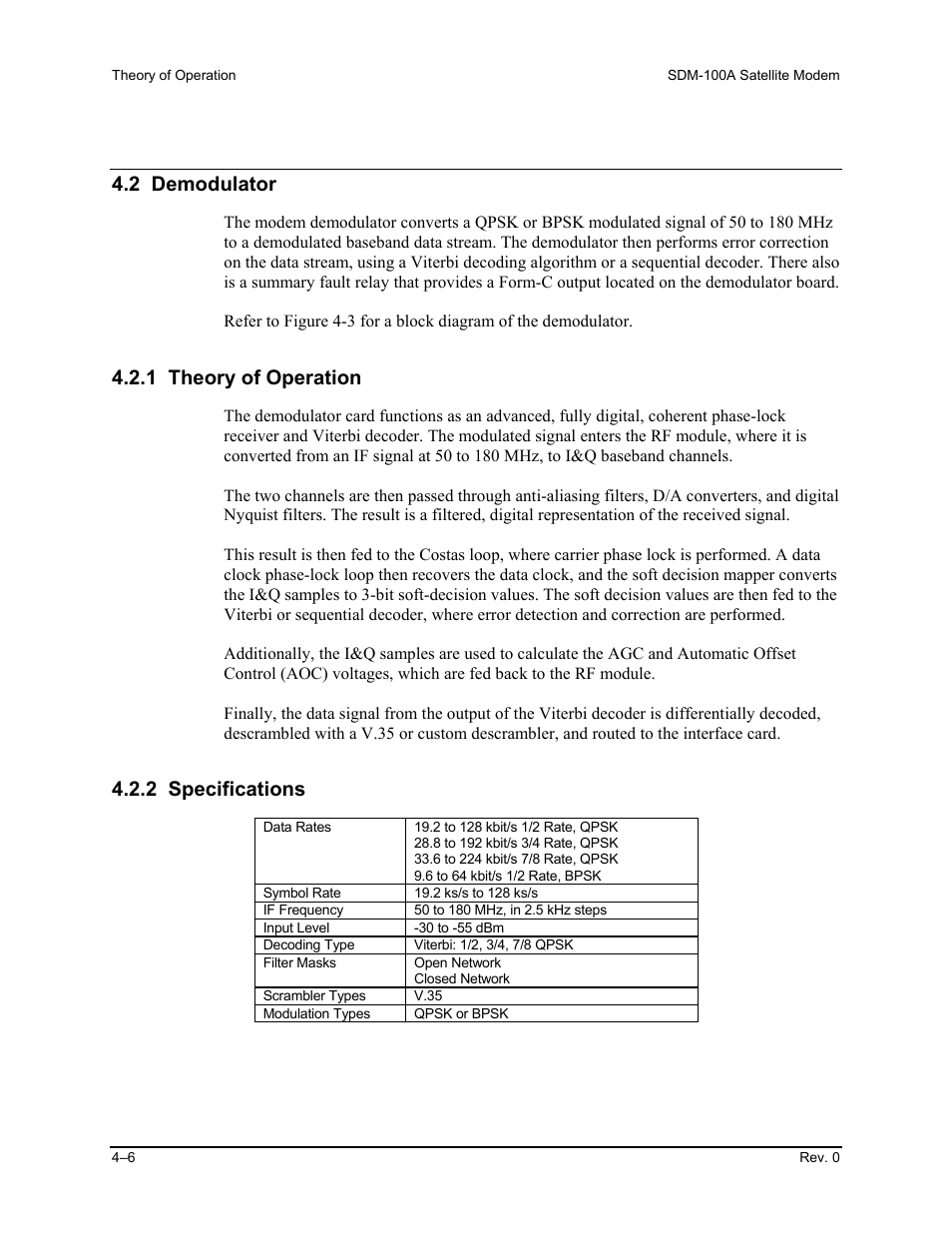 2 demodulator, 1 theory of operation, 2 specifications | Comtech EF Data SDM-100A User Manual | Page 122 / 212