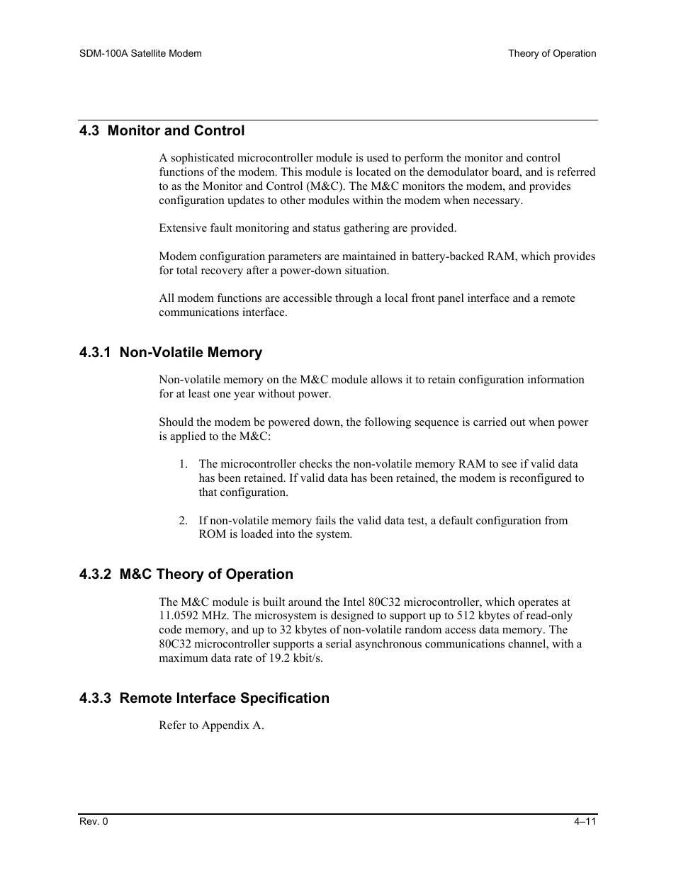 3 monitor and control, 1 non-volatile memory, 2 m&c theory of operation | 3 remote interface specification | Comtech EF Data SDM-100A User Manual | Page 127 / 212