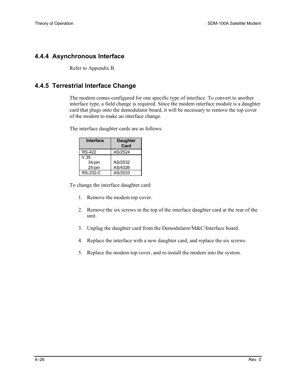4 asynchronous interface, 5 terrestrial interface change | Comtech EF Data SDM-100A User Manual | Page 142 / 212