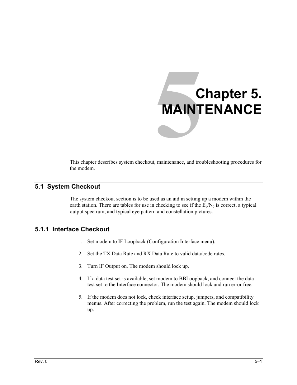 Maintenance, 1 system checkout, 1 interface checkout | Chapter 5. maintenance | Comtech EF Data SDM-100A User Manual | Page 143 / 212