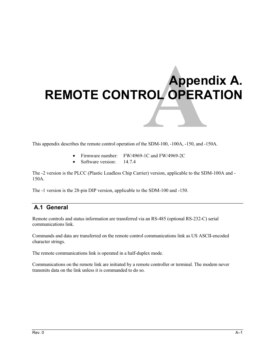 Remote control operation, A.1 general, Appendix a. remote control operation | Comtech EF Data SDM-100A User Manual | Page 153 / 212