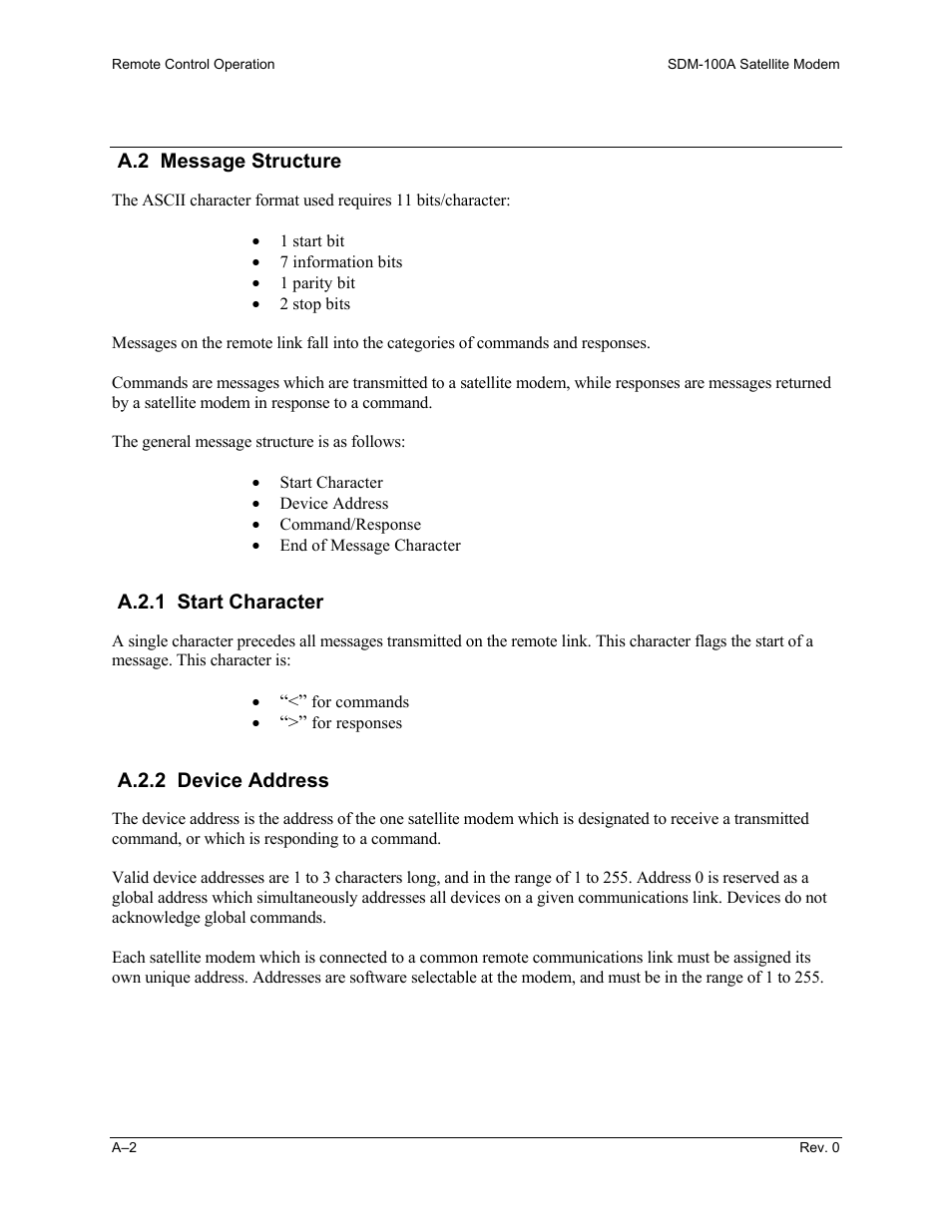 A.2 message structure, A.2.1 start character, A.2.2 device address | Comtech EF Data SDM-100A User Manual | Page 154 / 212