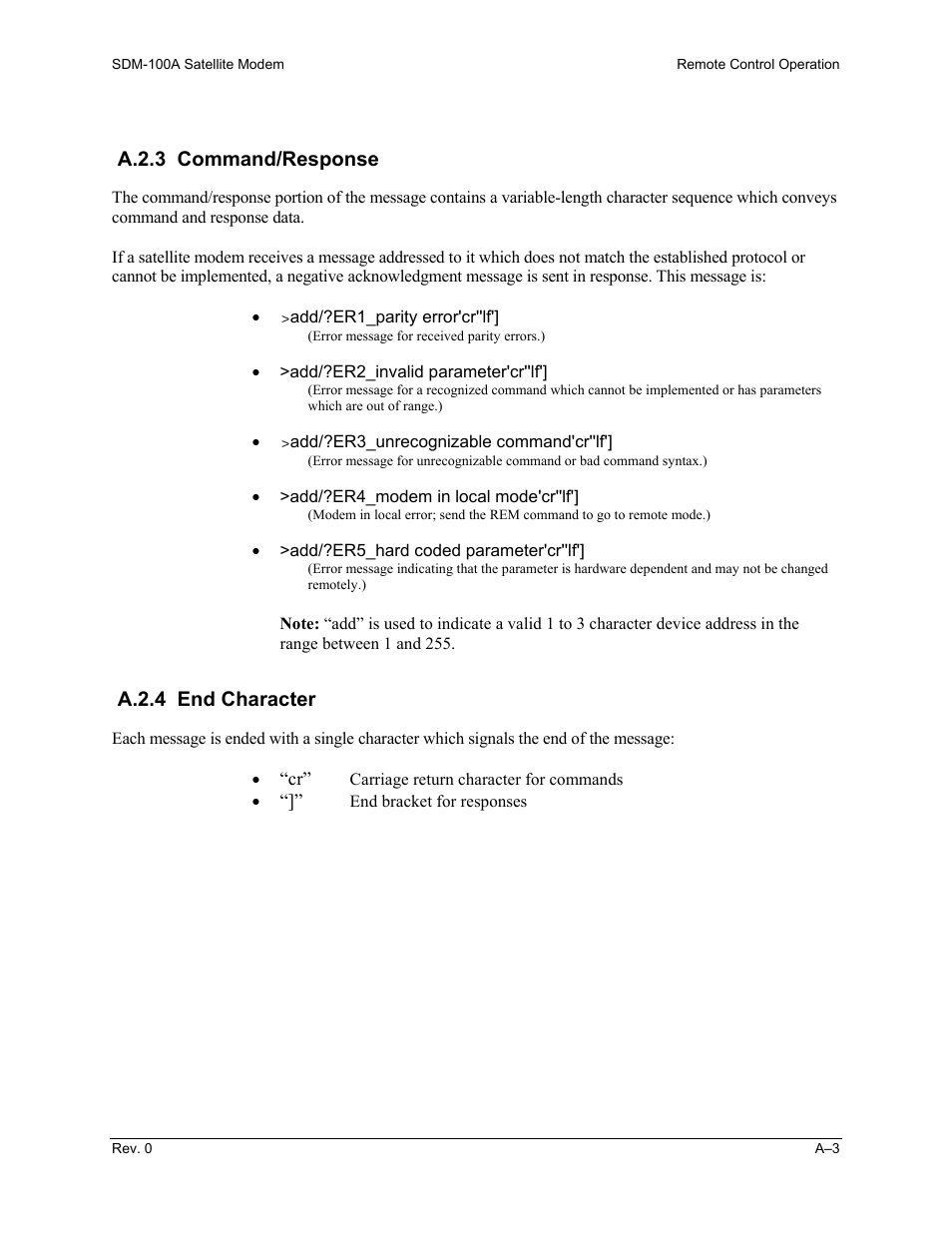 A.2.3 command/response, A.2.4 end character | Comtech EF Data SDM-100A User Manual | Page 155 / 212