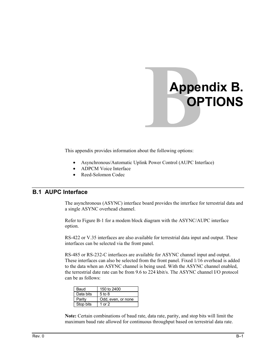 Options, B.1 aupc interface, Appendix b. options | Comtech EF Data SDM-100A User Manual | Page 183 / 212