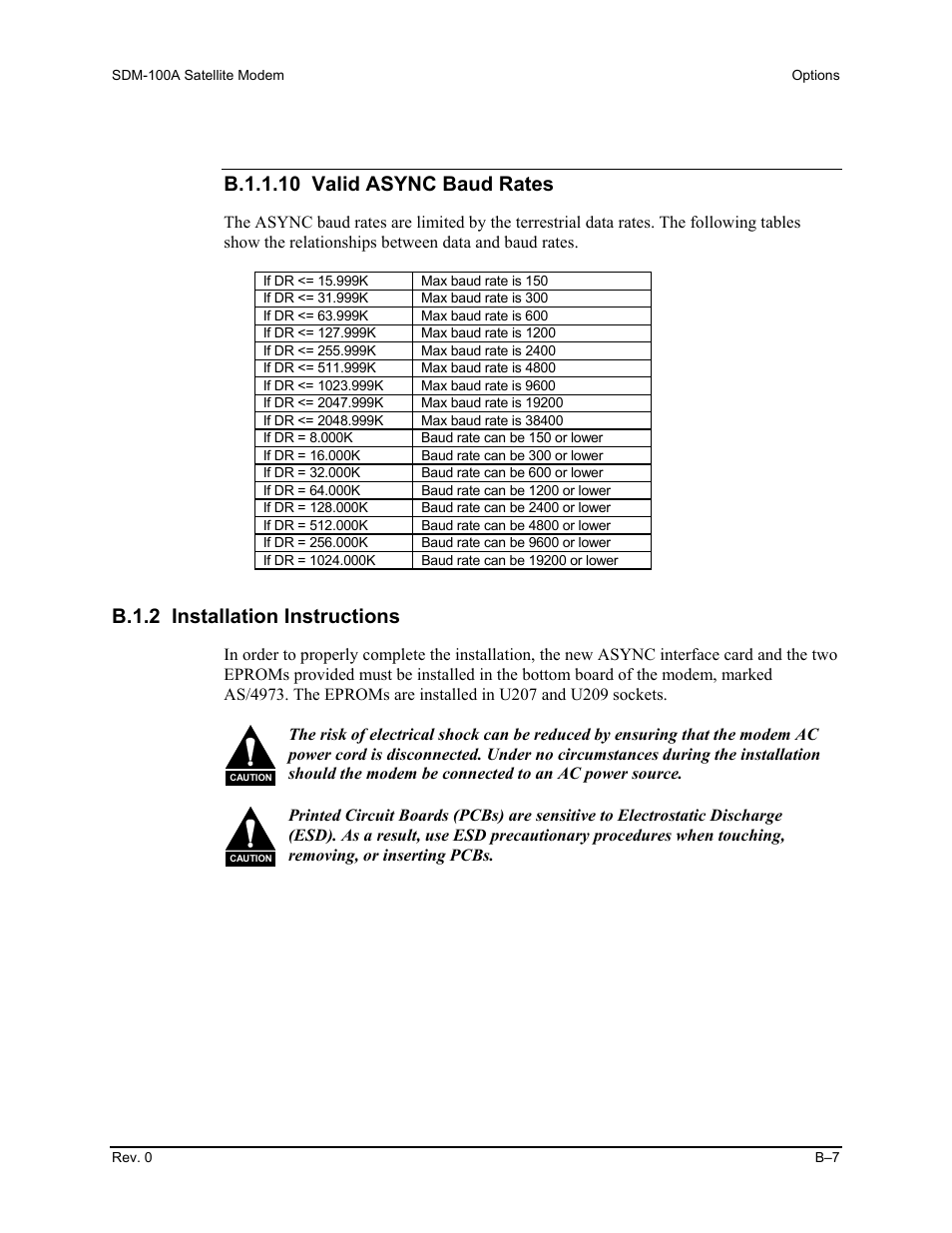 B.1.2 installation instructions, B.1.1.10 valid async baud rates | Comtech EF Data SDM-100A User Manual | Page 189 / 212