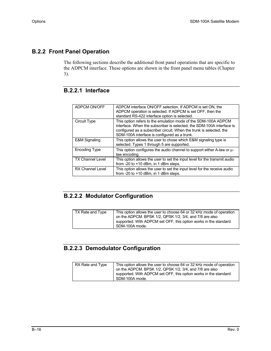 B.2.2 front panel operation, B.2.2.1 interface, B.2.2.2 modulator configuration | B.2.2.3 demodulator configuration | Comtech EF Data SDM-100A User Manual | Page 198 / 212