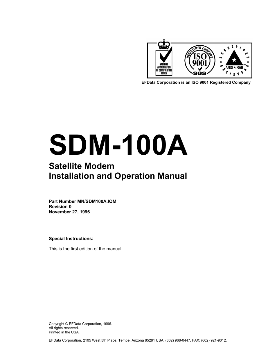 Sdm-100a, Satellite modem installation and operation manual | Comtech EF Data SDM-100A User Manual | Page 3 / 212