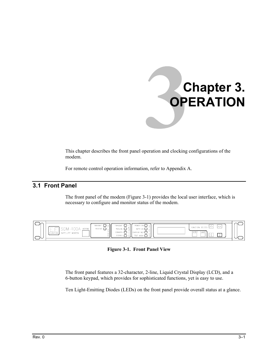 Operation, 1 front panel, Chapter 3. operation | Comtech EF Data SDM-100A User Manual | Page 35 / 212