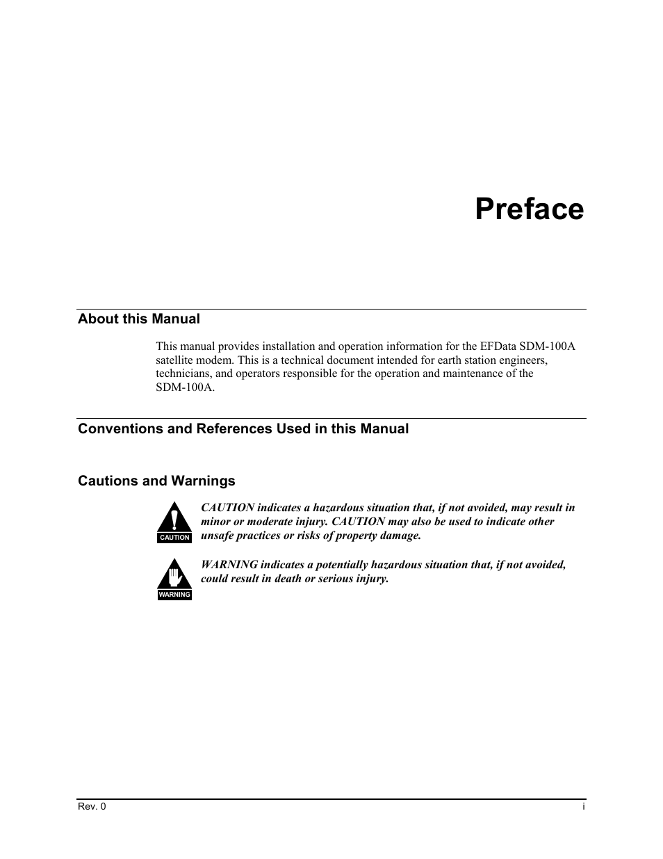 Preface, About this manual, Conventions and references used in this manual | Cautions and warnings | Comtech EF Data SDM-100A User Manual | Page 5 / 212