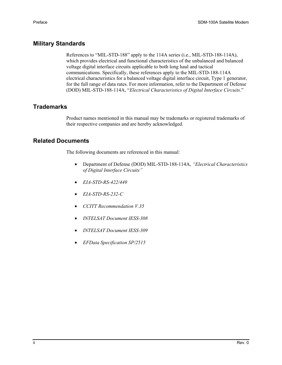 Military standards, Trademarks, Related documents | Comtech EF Data SDM-100A User Manual | Page 6 / 212