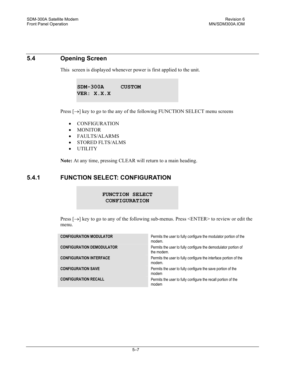 Opening screen, Function select: configuration, 4 opening screen | 1 function select: configuration | Comtech EF Data SDM-300A User Manual | Page 101 / 470