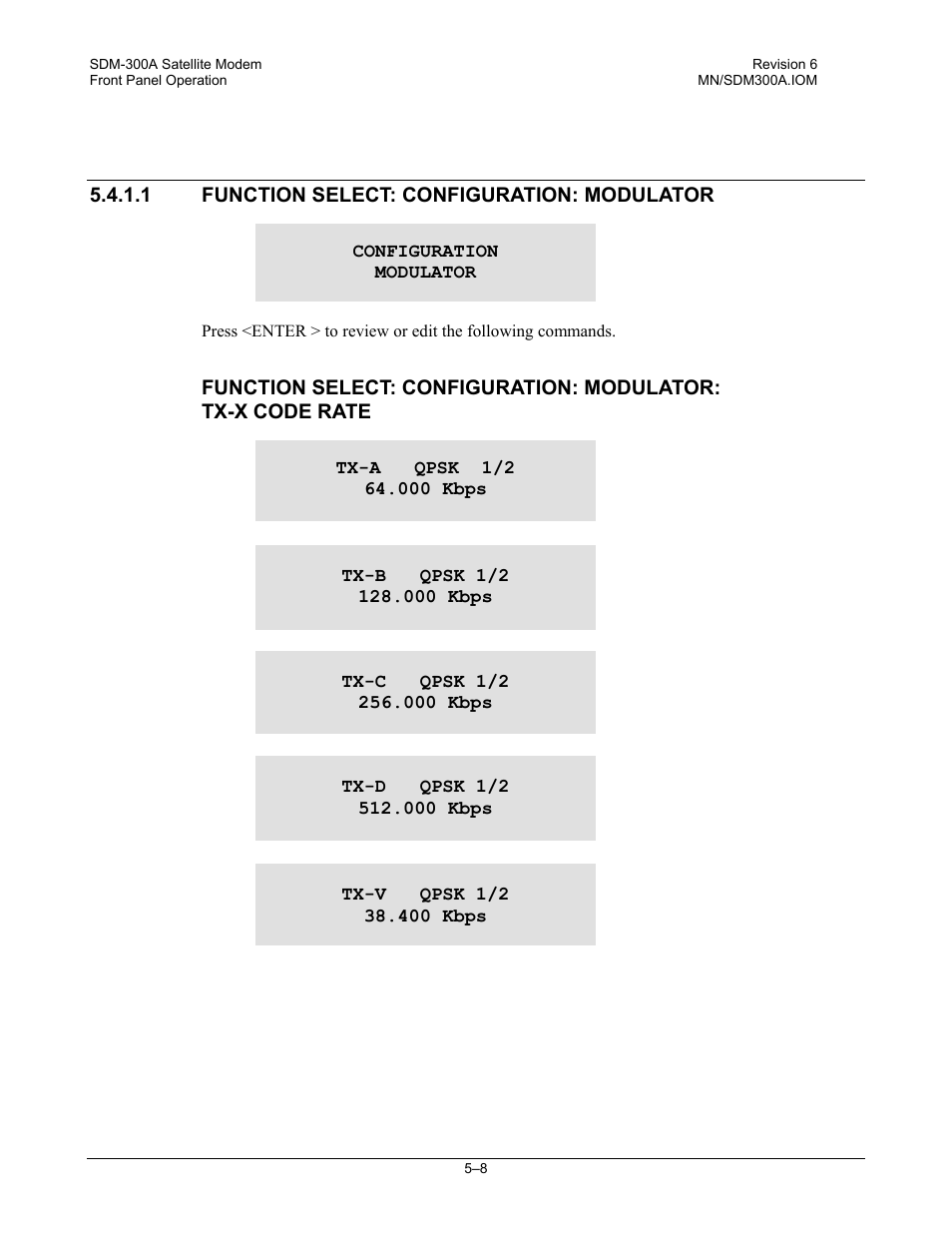 Function select: configuration: modulator | Comtech EF Data SDM-300A User Manual | Page 102 / 470