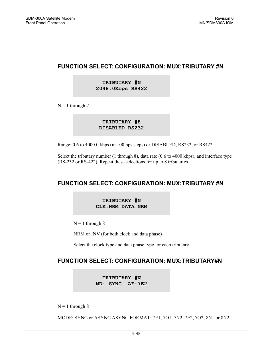 Function select: configuration: mux:tributary #n, Function select: configuration: mux:tributary#n | Comtech EF Data SDM-300A User Manual | Page 142 / 470