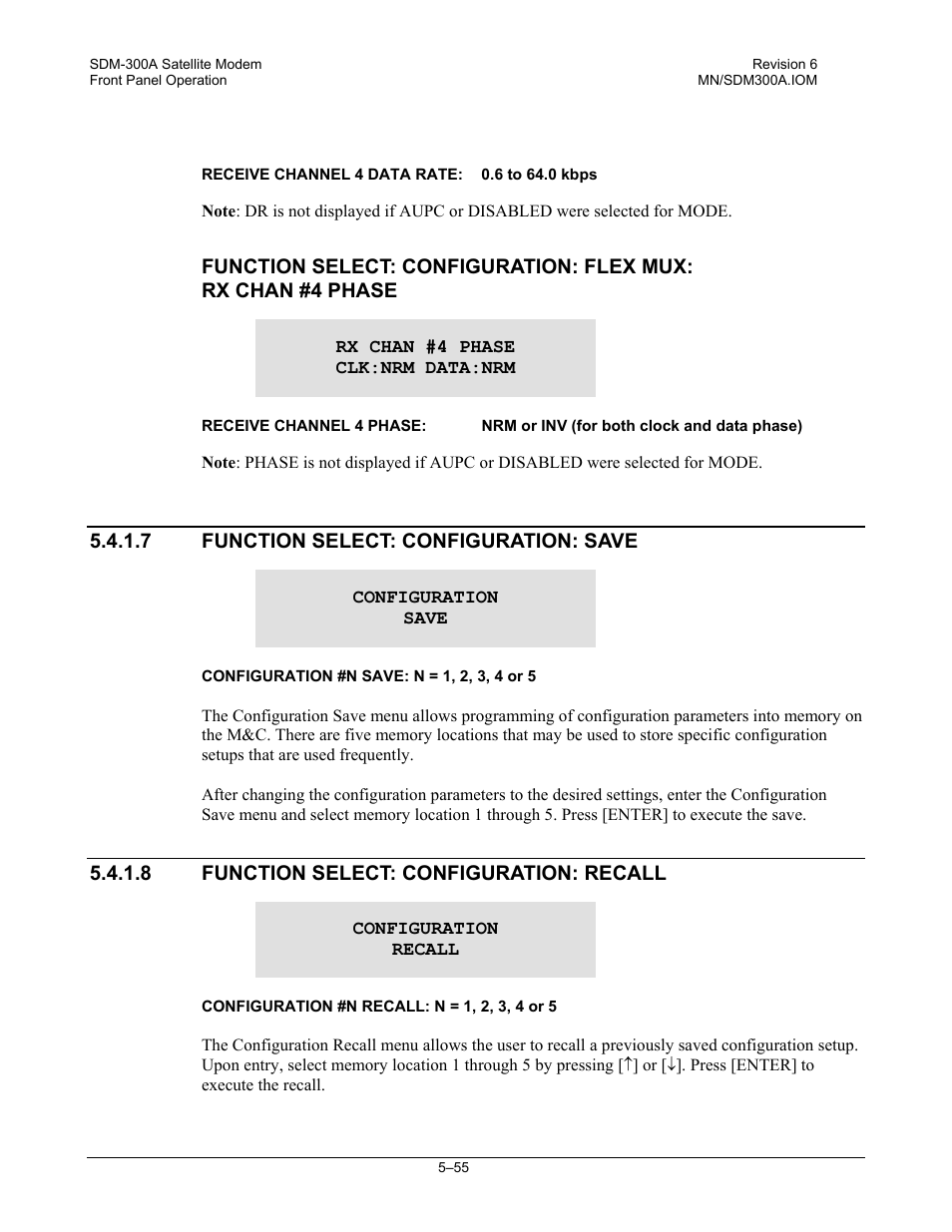 Function select: configuration: save, Function select: configuration: recall | Comtech EF Data SDM-300A User Manual | Page 149 / 470