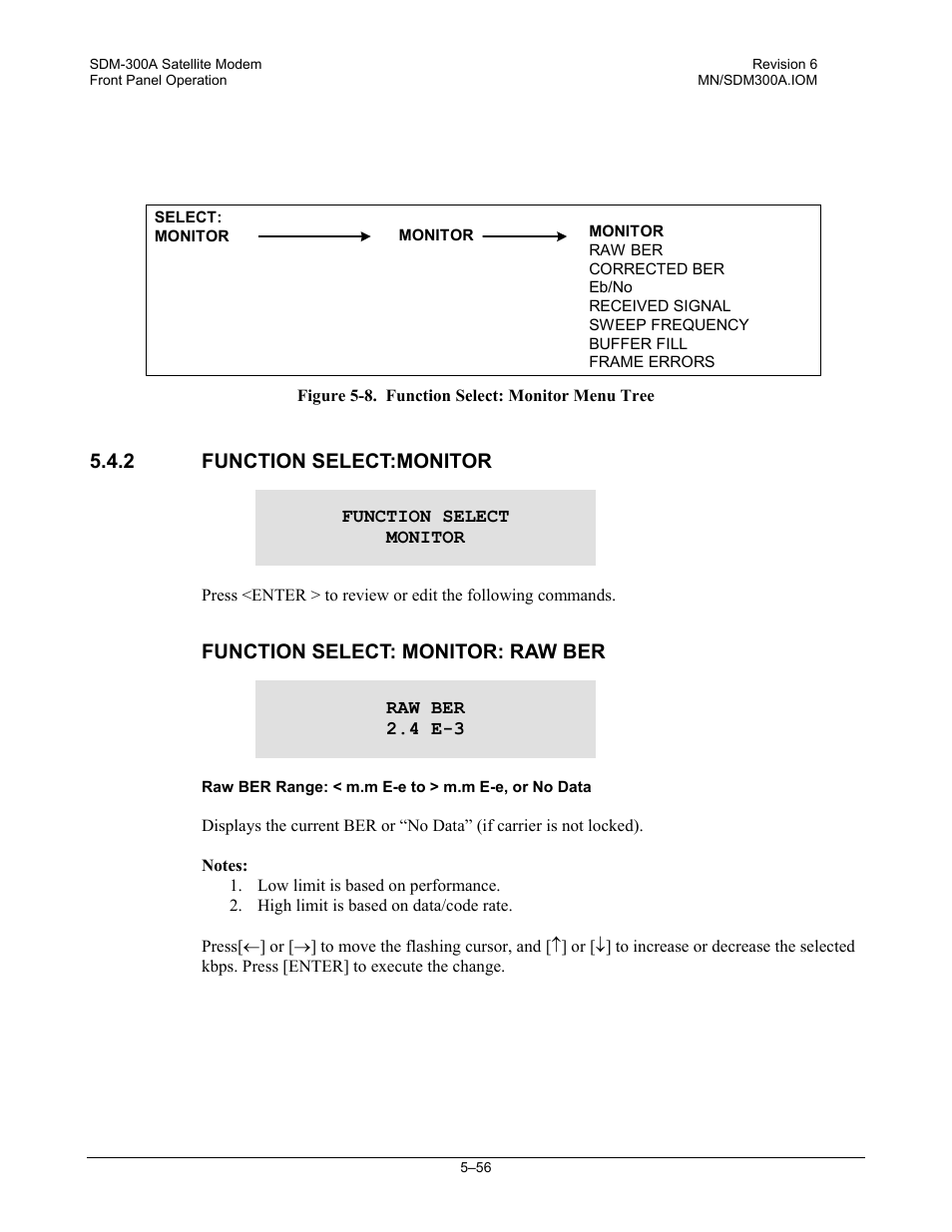 Function select:monitor, Function select: monitor: raw ber, 2 function select:monitor | Comtech EF Data SDM-300A User Manual | Page 150 / 470