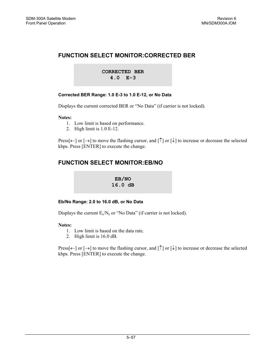 Function select monitor:corrected ber, Function select monitor:eb/no | Comtech EF Data SDM-300A User Manual | Page 151 / 470