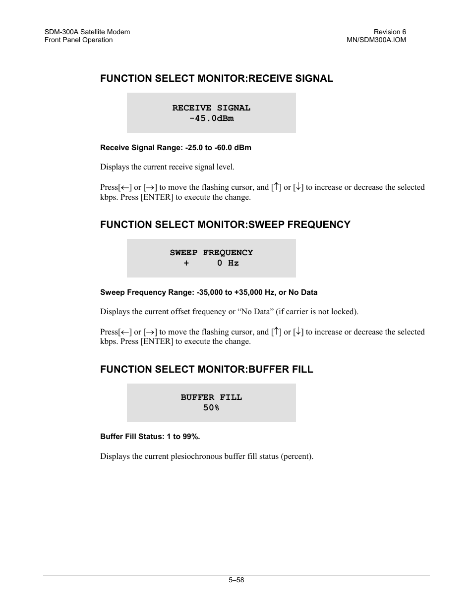Function select monitor:receive signal, Function select monitor:sweep frequency, Function select monitor:buffer fill | Comtech EF Data SDM-300A User Manual | Page 152 / 470