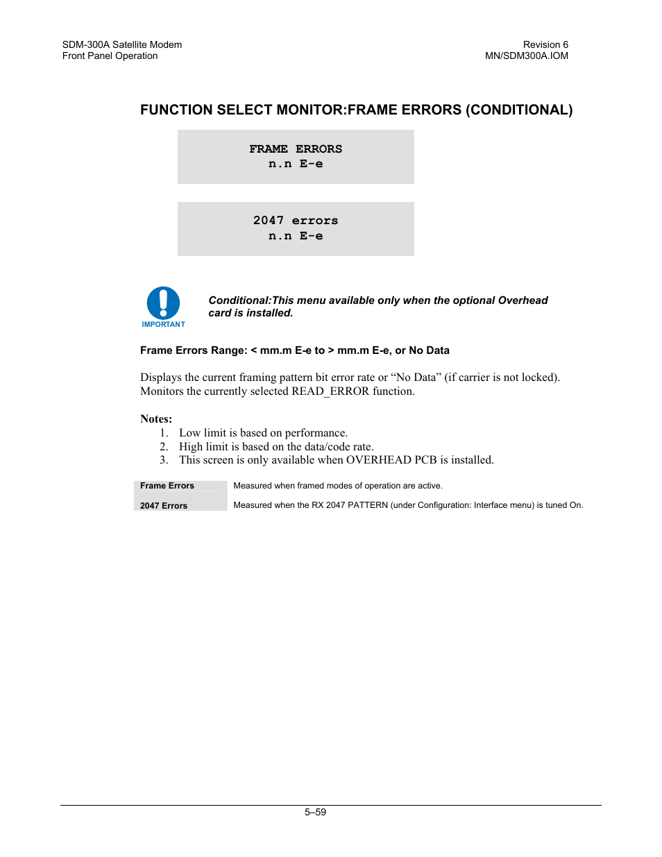 Function select monitor:frame errors (conditional) | Comtech EF Data SDM-300A User Manual | Page 153 / 470