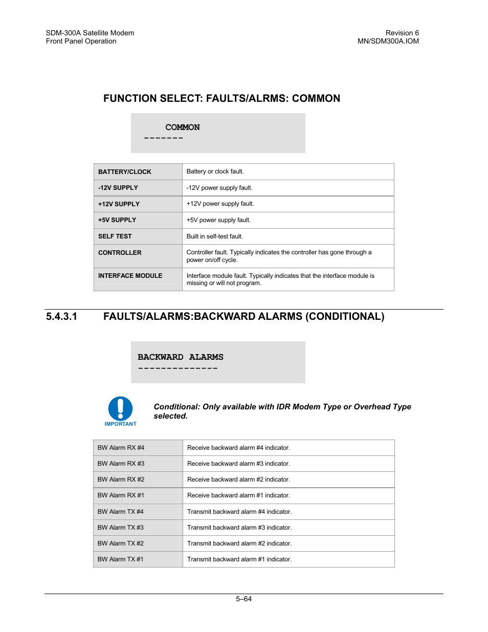 Function select: faults/alrms: common, Faults/alarms:backward alarms (conditional), 1 faults/alarms:backward alarms (conditional) | Common, Backward alarms | Comtech EF Data SDM-300A User Manual | Page 158 / 470