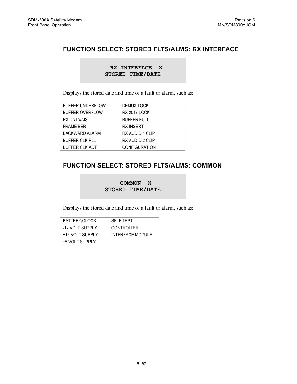 Function select: stored flts/alms: rx interface, Function select: stored flts/alms: common | Comtech EF Data SDM-300A User Manual | Page 161 / 470