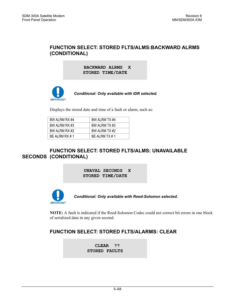 Function select: stored flts/alarms: clear | Comtech EF Data SDM-300A User Manual | Page 162 / 470