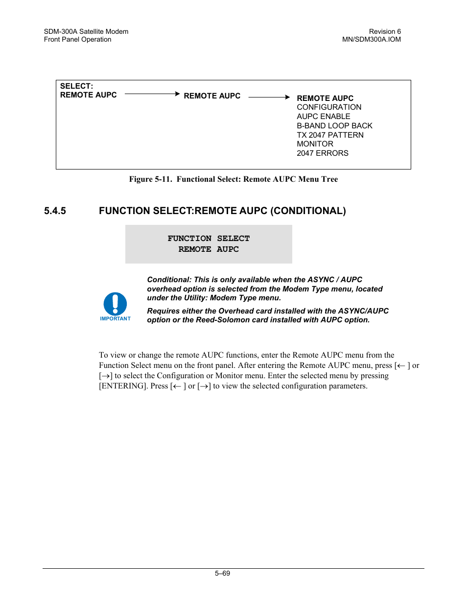 Function select:remote aupc (conditional), 5 function select:remote aupc (conditional) | Comtech EF Data SDM-300A User Manual | Page 163 / 470