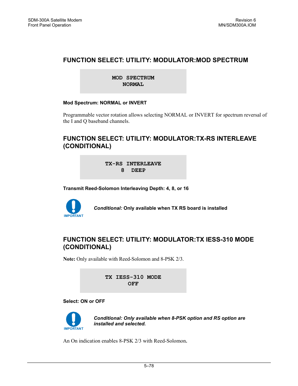 Function select: utility: modulator:mod spectrum | Comtech EF Data SDM-300A User Manual | Page 172 / 470