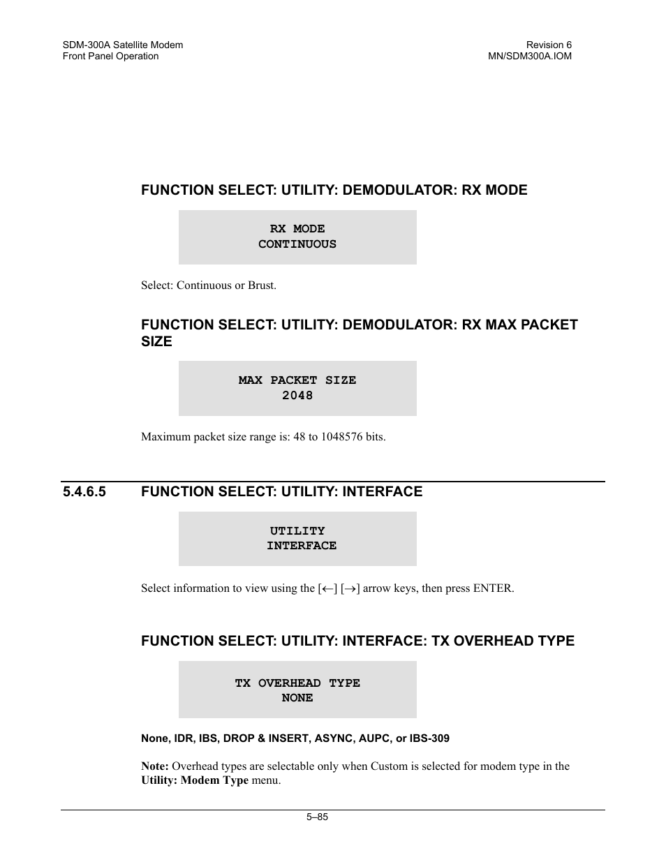 Function select: utility: demodulator: rx mode, Function select: utility: interface | Comtech EF Data SDM-300A User Manual | Page 179 / 470