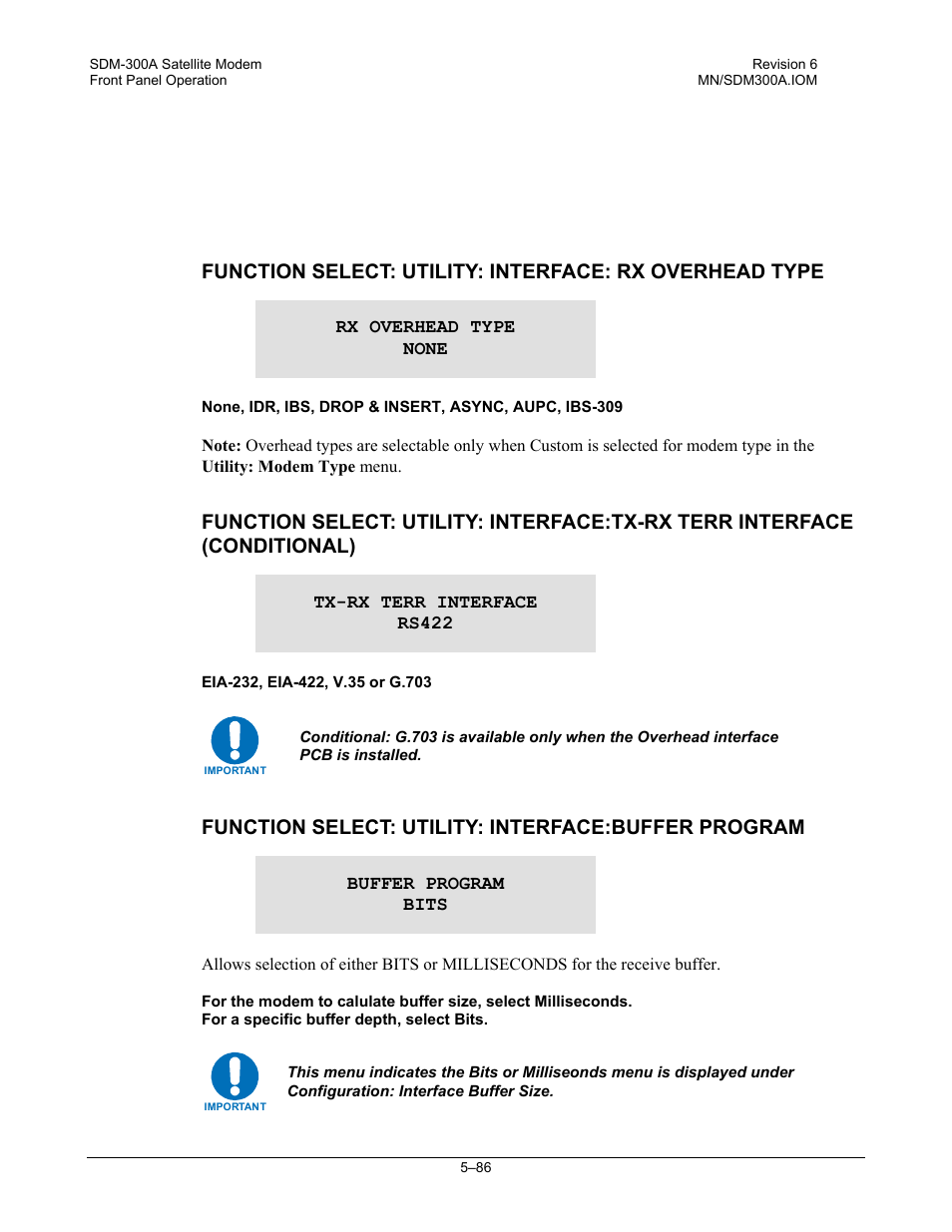 Function select: utility: interface:buffer program | Comtech EF Data SDM-300A User Manual | Page 180 / 470