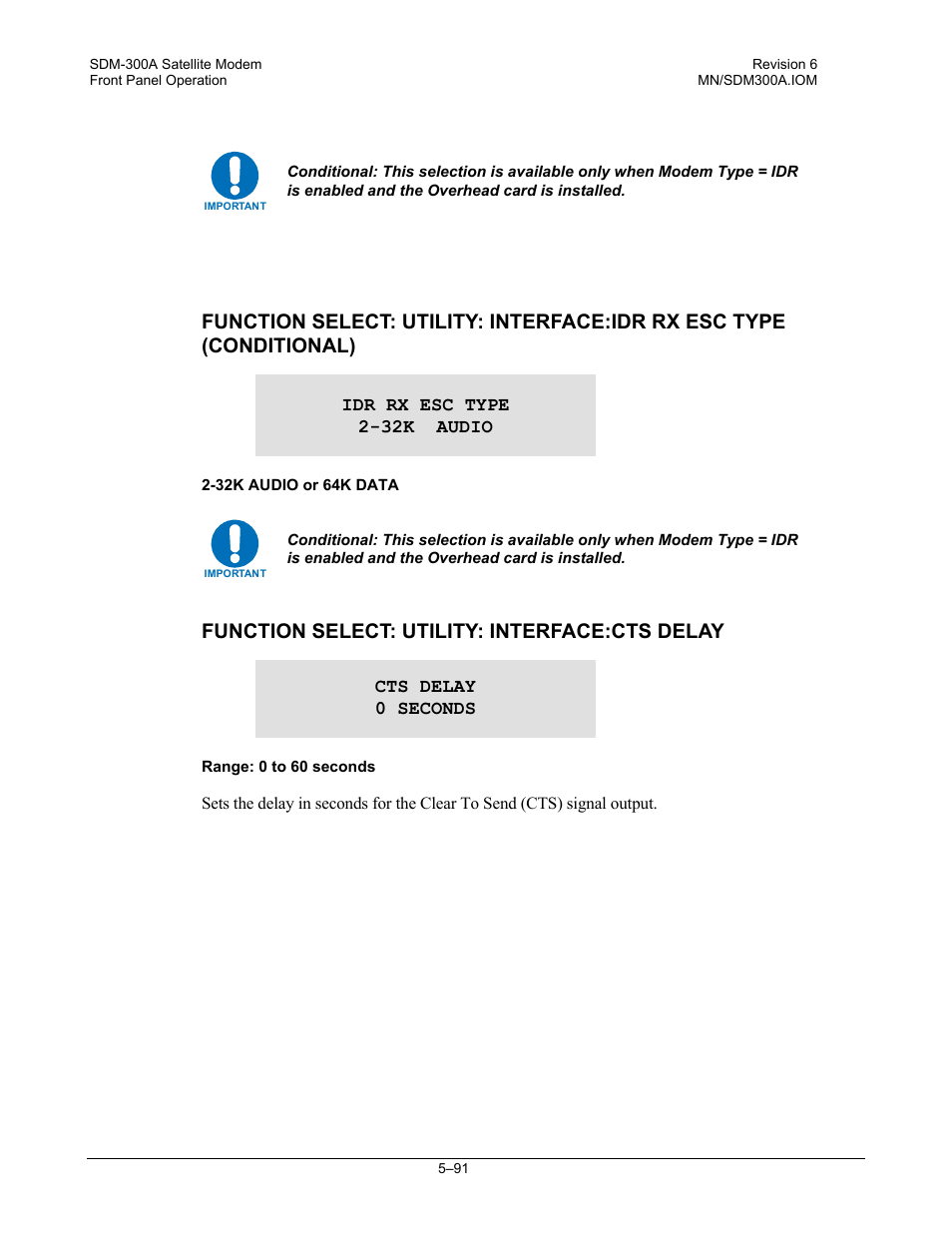 Function select: utility: interface:cts delay | Comtech EF Data SDM-300A User Manual | Page 185 / 470