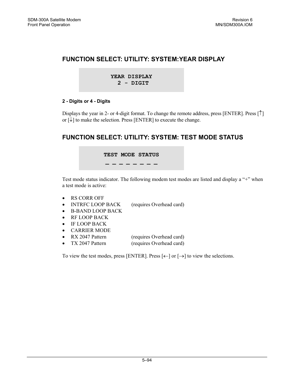 Function select: utility: system:year display, Function select: utility: system: test mode status | Comtech EF Data SDM-300A User Manual | Page 188 / 470