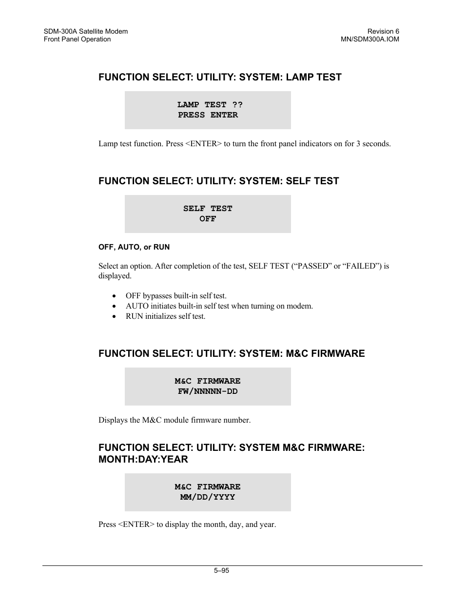 Function select: utility: system: lamp test, Function select: utility: system: self test, Function select: utility: system: m&c firmware | Comtech EF Data SDM-300A User Manual | Page 189 / 470