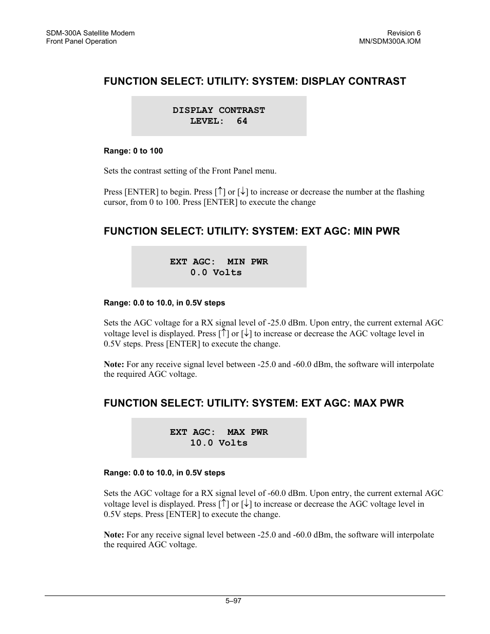 Function select: utility: system: display contrast, Function select: utility: system: ext agc: min pwr, Function select: utility: system: ext agc: max pwr | Comtech EF Data SDM-300A User Manual | Page 191 / 470