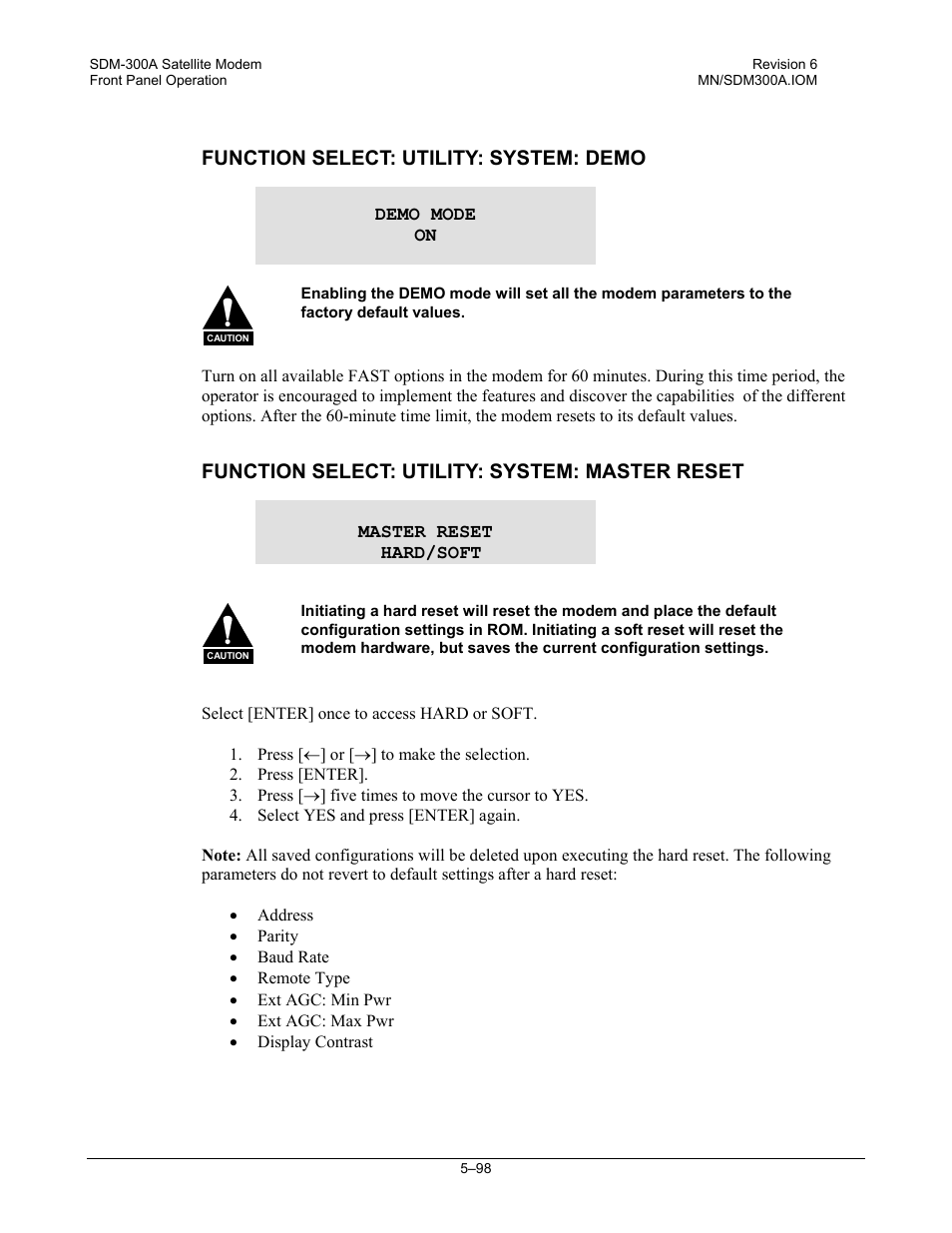 Function select: utility: system: demo, Function select: utility: system: master reset | Comtech EF Data SDM-300A User Manual | Page 192 / 470